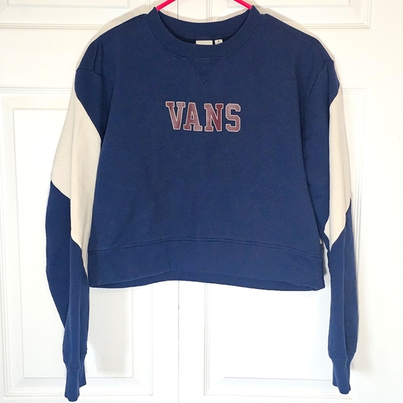 Vans Women Academy Cropped Colorblock Sweatshirt Medium Blue Cream Street Skater - Picture 1 of 8